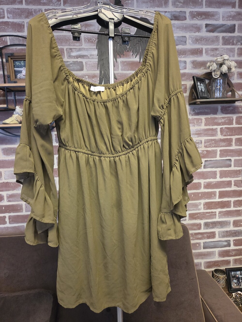 entro Olive Green Ruffle Sleeve Peasant Dress